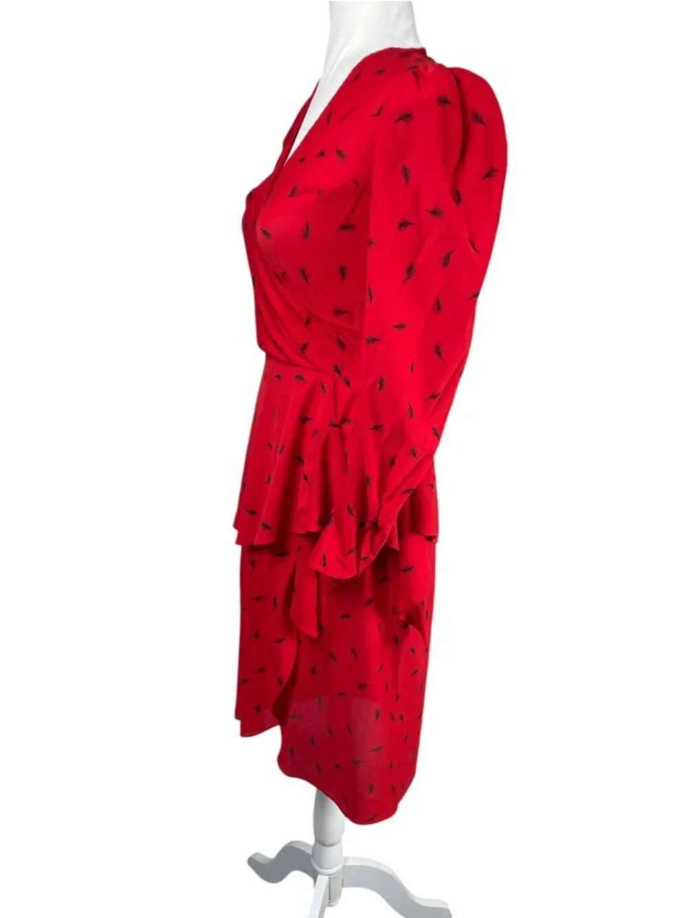 Vintage 80s Red Peplum Midi Dress | Black Leaf Print | Puff Shoulders | S Retro - Picture 4 of 13